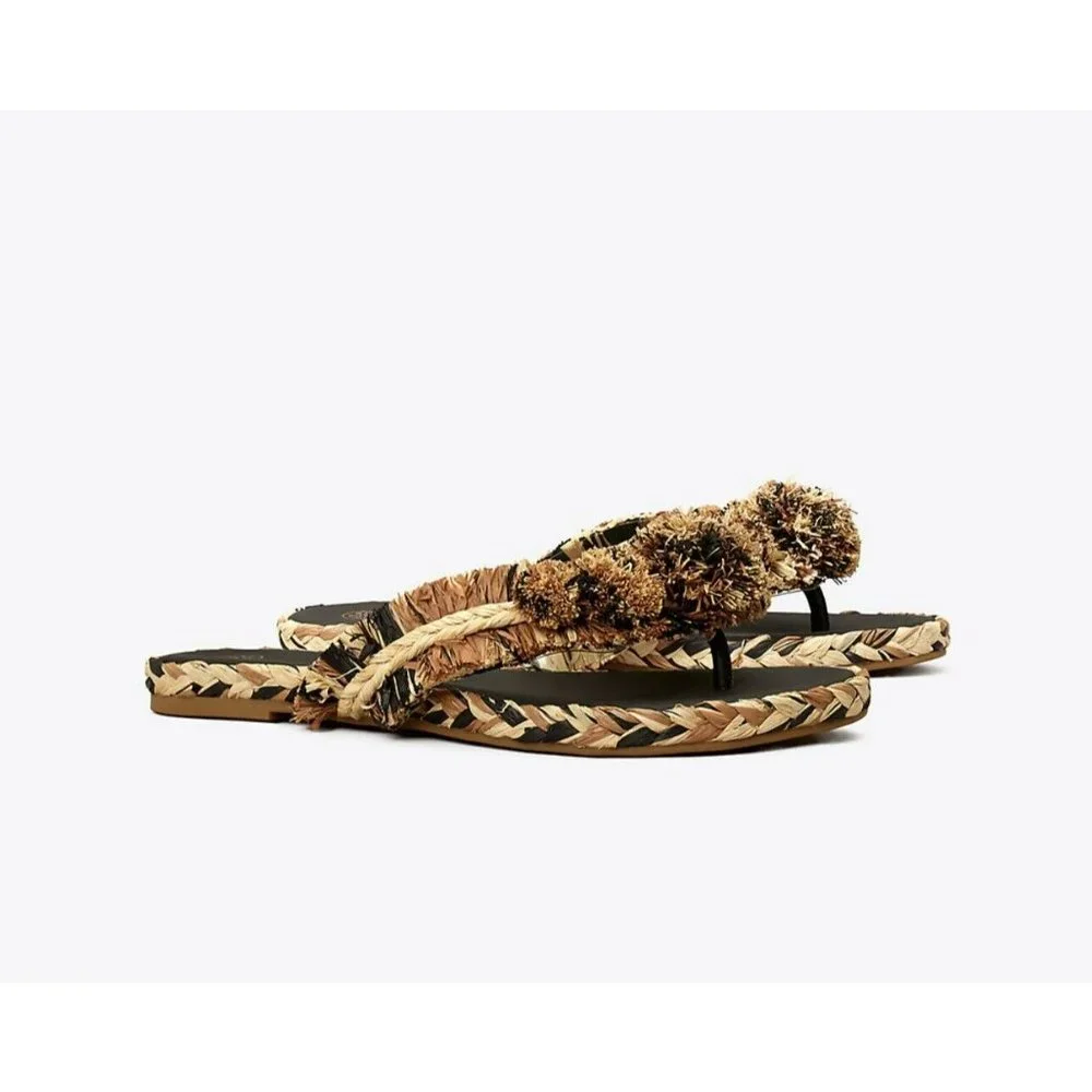 Tory Burch Raffia Flat Sandal Black/Aged Camello/Natural) Size 5 MSRP $228 - Picture 1 of 6